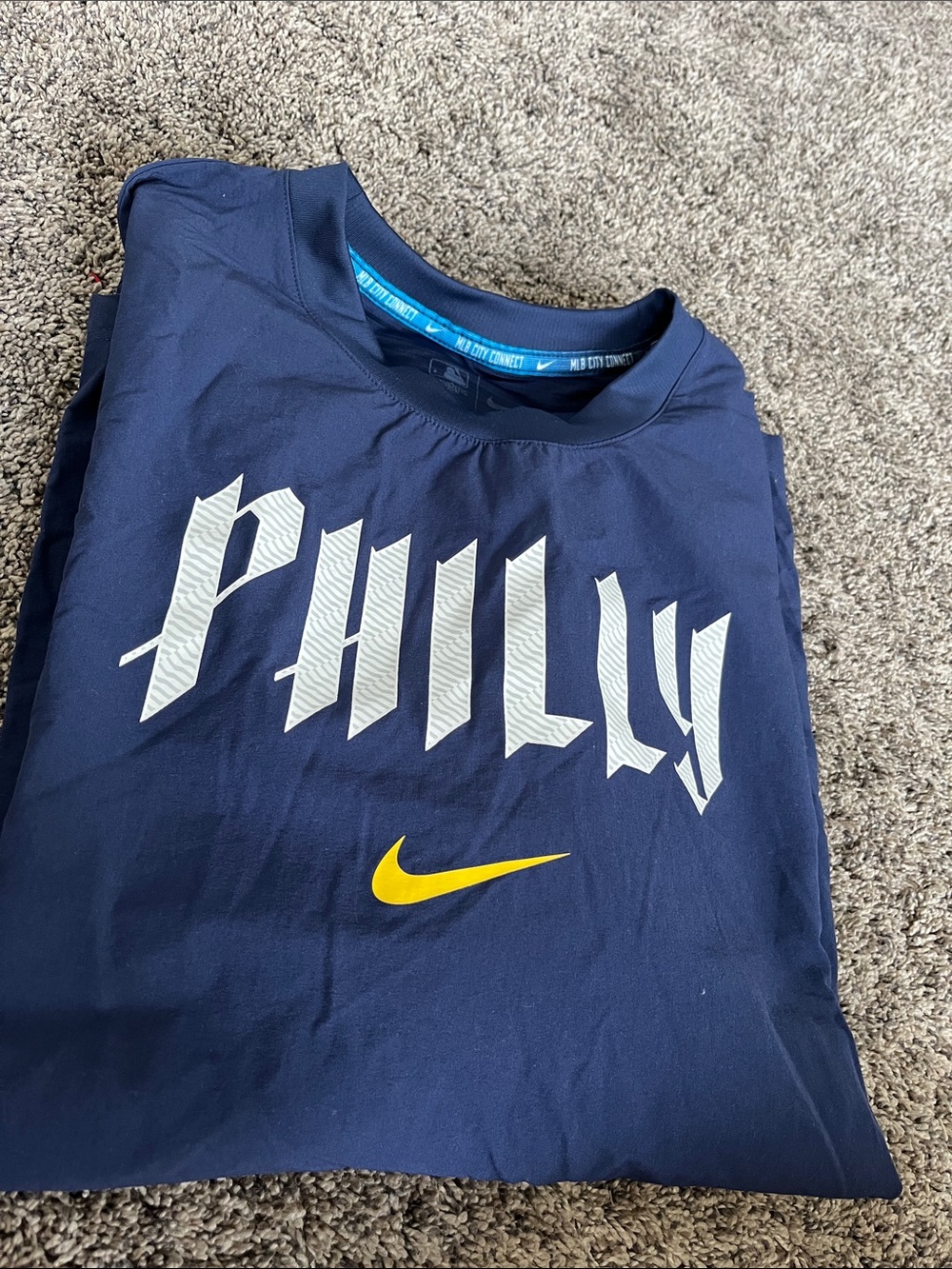 Nike Navy Philly Long Sleeve Top with Yellow Swoosh - Phillies. MLB. Medium